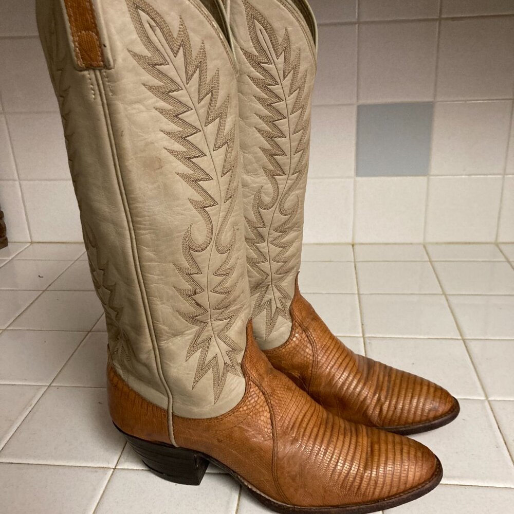 VINTAGE DAN POST DISTRESSED GOLD LIZARD LEATHER WESTERN DANCING BOOTS 6-6.5 M